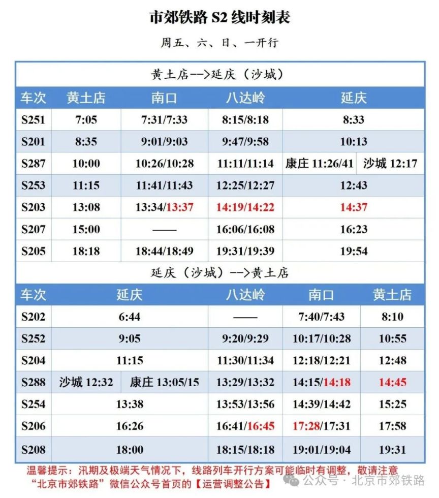 表查询(不断更新中)北京s2线最新时刻